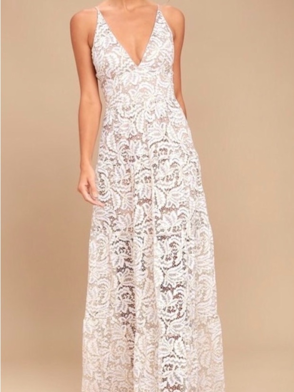 Dress the Population White Lace V-Neck Maxi Dress